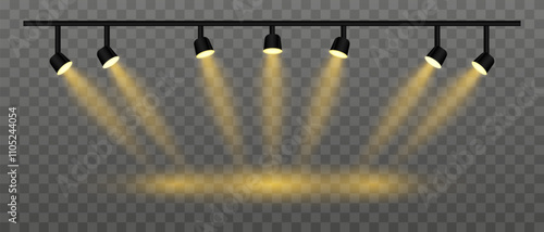 Yellow lighting set projector. Multiple spotlights, angled beams, warm orange glow, ceiling-mounted fixtures, stage illumination, event setup, contemporary design, interior lighting, electric decor