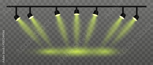 Yellow lighting set projector. Multiple spotlights, angled beams, warm orange glow, ceiling-mounted fixtures, stage illumination, event setup, contemporary design, interior lighting, electric decor