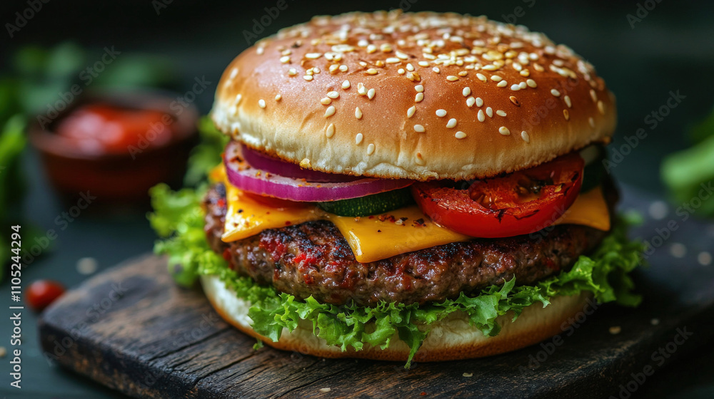 Appetizing Close-Up Design Of A Gourmet Vegetarian Hamburger, Featuring Vibrant Colors From Roasted Vegetables And Vibrant Sauces, With A Subtle Green Leafy Background To Emphasize Freshness Appetizing Close-Up Design Of A Gourmet Vegetarian Hamburger, Featuring Vibrant Colors From Roasted Vegetables And Vibrant Sauces, With A Subtle Green Leafy Background To Emphasize Freshness