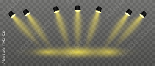 Yellow lighting set projector. Multiple angled spotlights, vivid beams, ceiling-mounted fixtures, stage lighting, event decor, bright illumination, modern interior design, electric equipment
