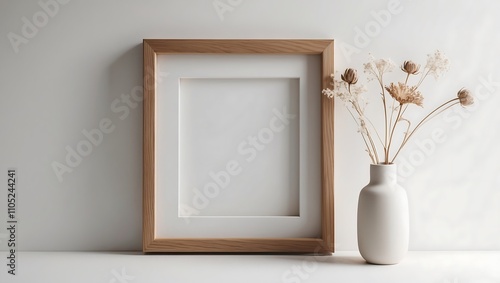 Vertical wooden frame mock up. Wooden frame poster, and simple vase with pampas on beige wall. 3D render, 3D illustrations.