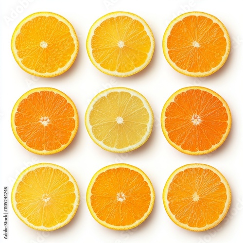 Nine citrus fruit slices, oranges and lemons, arranged in a grid on white background.