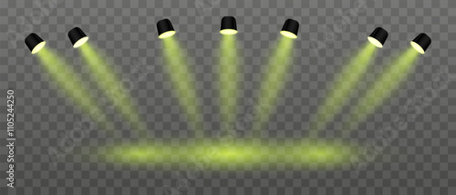 Yellow lighting set projector. Multiple angled spotlights, vivid beams, ceiling-mounted fixtures, stage lighting, event decor, bright illumination, modern interior design, electric equipment