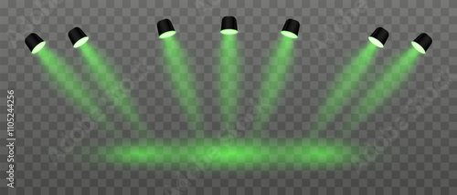 Green lighting set projector. Multiple angled spotlights, vivid beams, ceiling-mounted fixtures, stage lighting, event decor, bright illumination, modern interior design, electric equipment