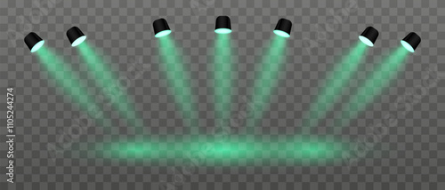 Green lighting set projector. Multiple angled spotlights, vivid beams, ceiling-mounted fixtures, stage lighting, event decor, bright illumination, modern interior design, electric equipment