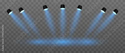 Blue lighting set projector. Multiple angled spotlights, vivid beams, ceiling-mounted fixtures, stage lighting, event decor, bright illumination, modern interior design, electric equipment