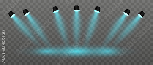Blue lighting set projector. Multiple angled spotlights, vivid beams, ceiling-mounted fixtures, stage lighting, event decor, bright illumination, modern interior design, electric equipment