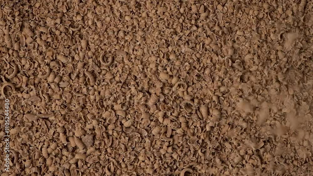 Sprinkle of chocolate shavings, top view, slow motion. Creative culinary background Sprinkle of chocolate shavings, top view, slow motion. Creative culinary background