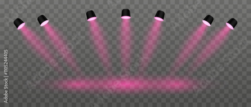 Pink lighting set projector. Multiple angled spotlights, vivid beams, ceiling-mounted fixtures, stage lighting, event decor, bright illumination, modern interior design, electric equipment