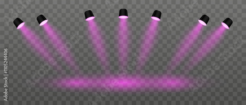 Pink lighting set projector. Multiple angled spotlights, vivid beams, ceiling-mounted fixtures, stage lighting, event decor, bright illumination, modern interior design, electric equipment