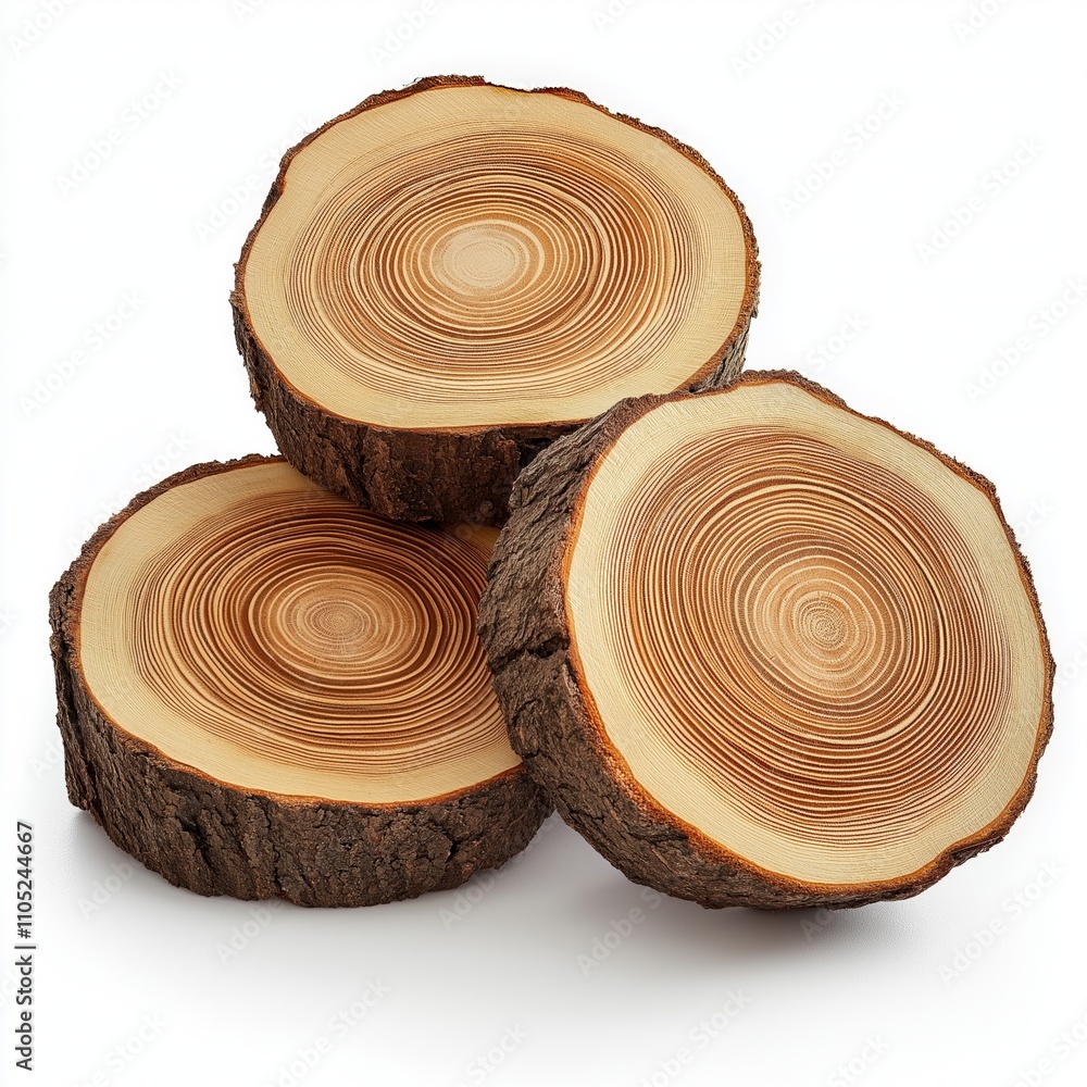 Design concept - top view of circular wood piece with annual ring isolated on white background for mockup, it's real photo, not 3D render Design concept - top view of circular wood piece with annual ring isolated on white background for mockup, it's real photo, not 3D render