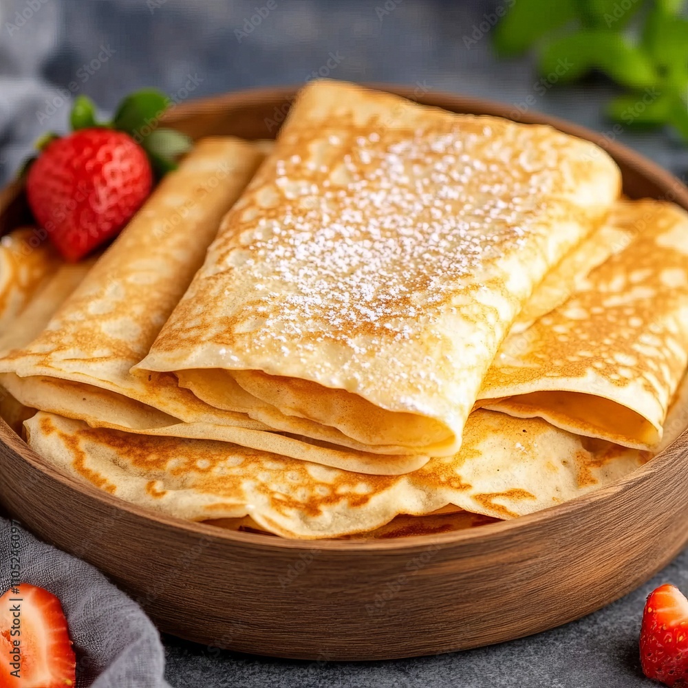 Stack of golden brown crepes dusted with powdered sugar, served with fresh strawberries in a wooden bowl. Stack of golden brown crepes dusted with powdered sugar, served with fresh strawberries in a wooden bowl.