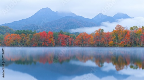 Misty Mountain Lake Reflections, Autumn Colors on Tranquil Waters, Serene Nature Scene