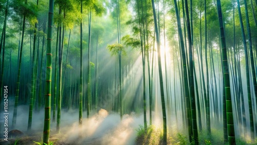 Mystical Bamboo Forest at Dawn Sunbeams Pierce the Mist and Illuminate Tall Green Stalks