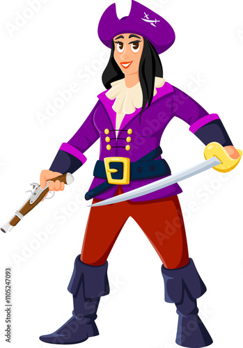 Cartoon woman pirate, privateer sailor comical character. Caribbean pirate lady bandit cheerful isolated vector mascot, filibuster female captain or corsair sailor personage with pistol and sword