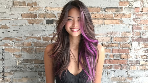 Artistic peekaboo highlights in vibrant purple on jet standard a creative hair transformation showcase beauty studio hair styling modern environment close-up view hair art concept