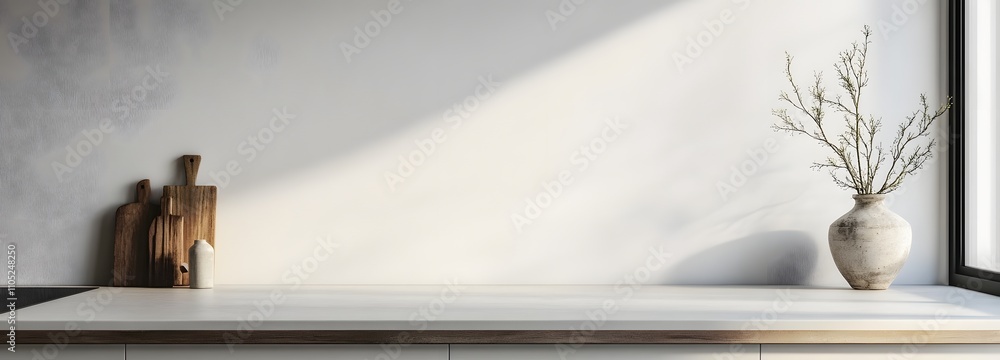 19. A clean, minimalistic kitchen counter with nothing on it, offering room in the center for text 19. A clean, minimalistic kitchen counter with nothing on it, offering room in the center for text