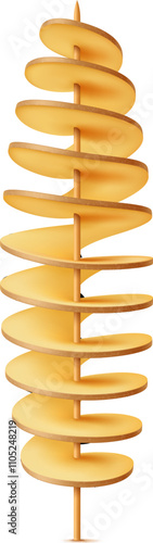 Realistic 3d raw and fried potato tornado vegetable snack. Isolated vector crispy, spiral cut delight. Traditional crunchy twisted chips snack on a stick. Fast food, street quick meal on a skewer