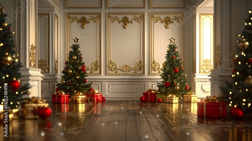 Wallpaper Mural Elegant Christmas room with two decorated trees, presents, and gold accents. Torontodigital.ca
