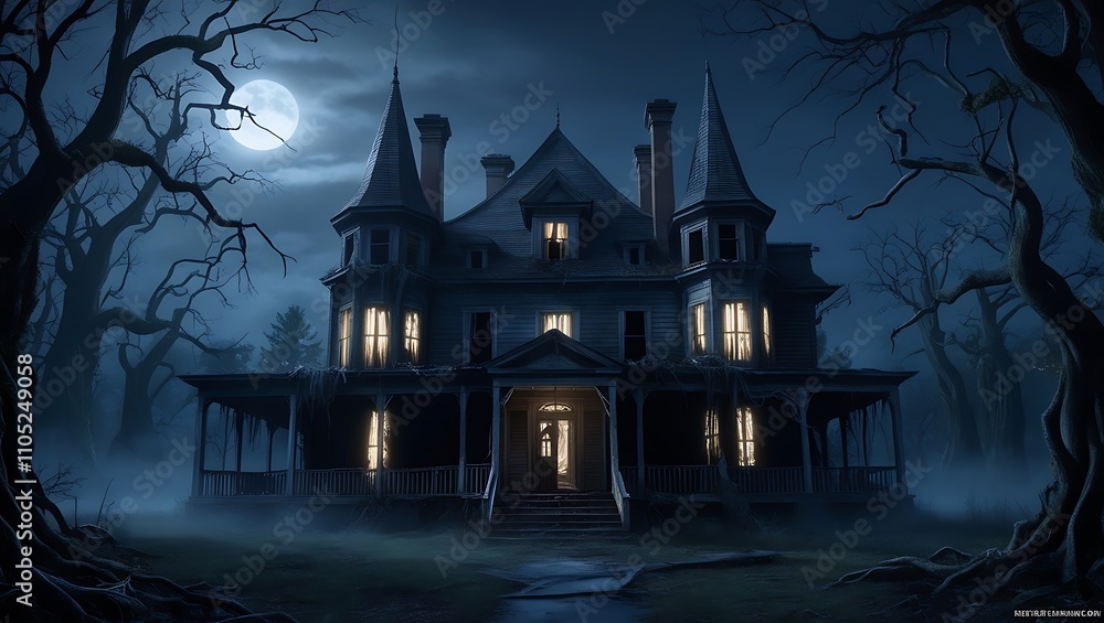 Halloween background with haunted house and full moon Halloween background with haunted house and full moon