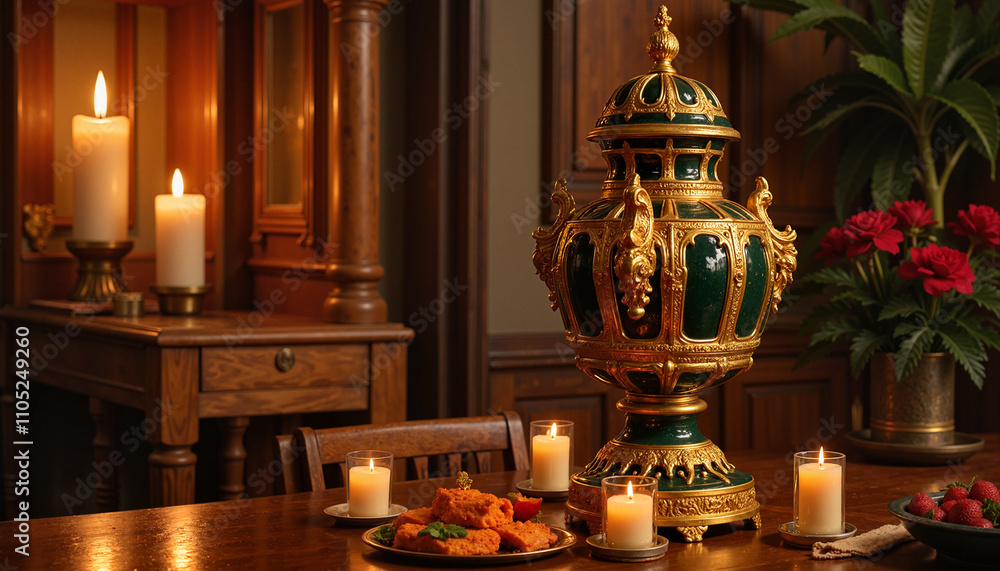Fototapeta premium Decorative golden urn centerpiece on dining table with candles