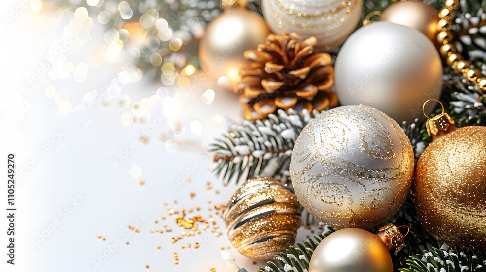 Elegant gold and white Christmas ornaments with pine branches and glitter on white background. Elegant gold and white Christmas ornaments with pine branches and glitter on white background.
