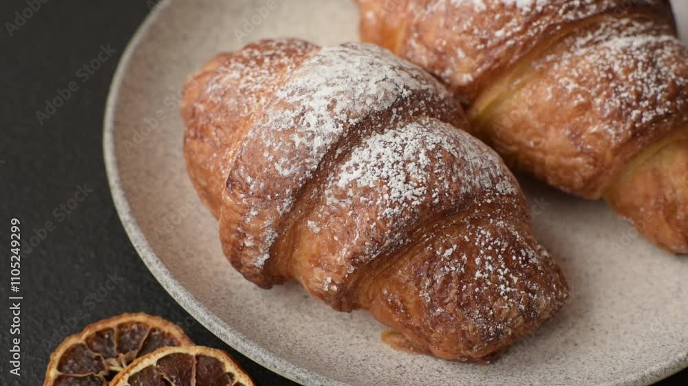 Fresh crispy sweet croissant with chocolate filling as part of a hearty breakfast Fresh crispy sweet croissant with chocolate filling as part of a hearty breakfast