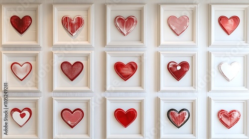 Valentine’s Day feature wall with framed heart-shaped artwork in various sizes, arranged in a minimalist grid photo