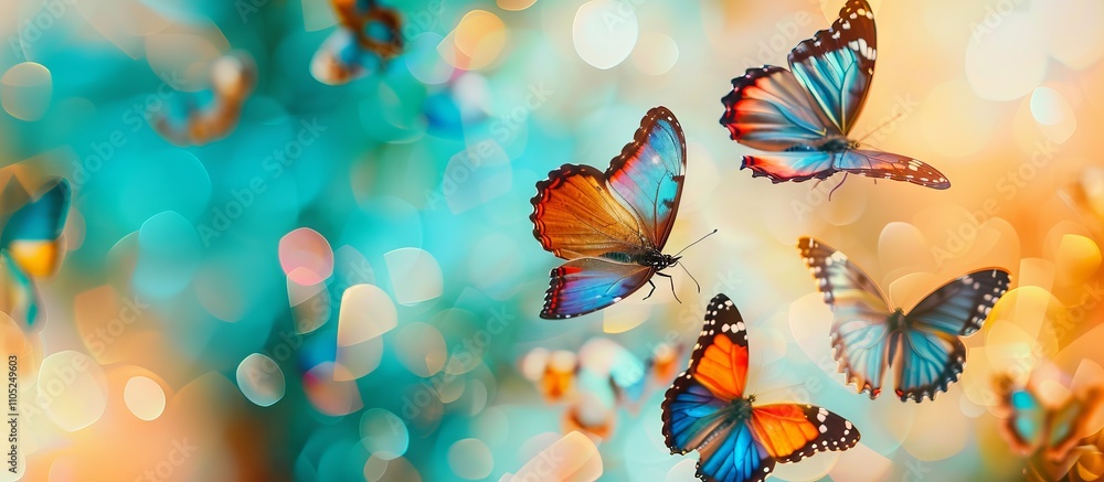 Fototapeta premium Banner with multicolored butterflies
