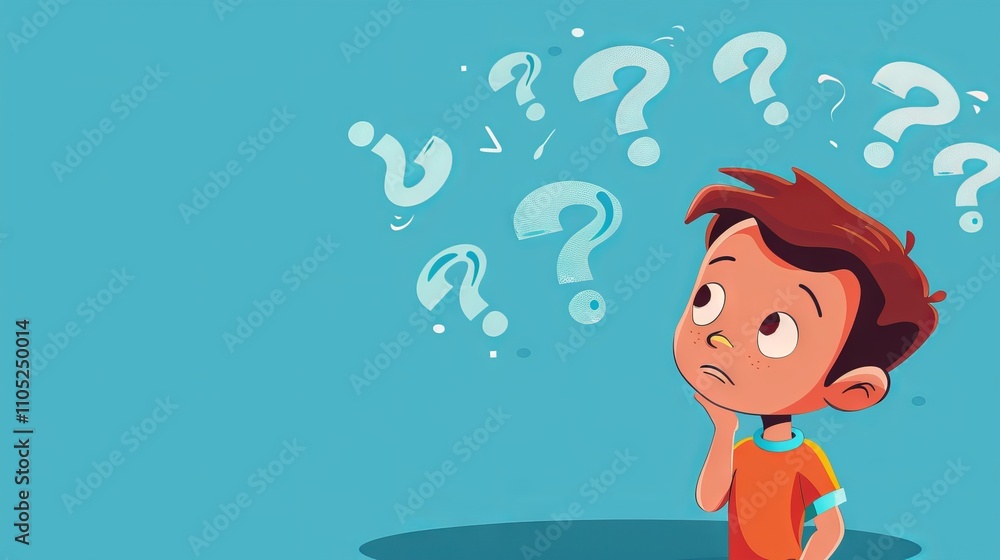 A thinking little boy looking at question marks on a blue background A thinking little boy looking at question marks on a blue background