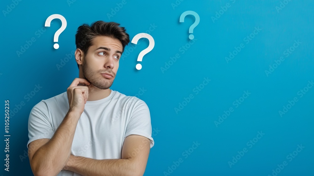 A thinking man looking at question marks on a blue wall A thinking man looking at question marks on a blue wall