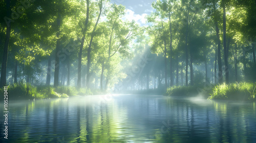 Misty River in Sunlit Forest 3D Illustration