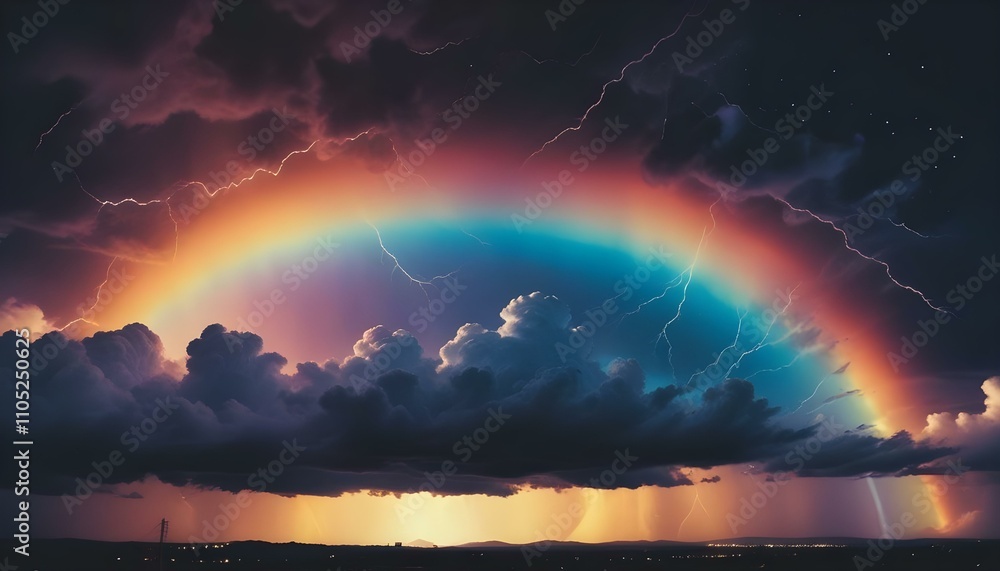 Naklejka premium Un colorido arco iris de neón que se arquea sobre una espectacular formación similar a una nube, con efectos brillantes y un fondo oscuro