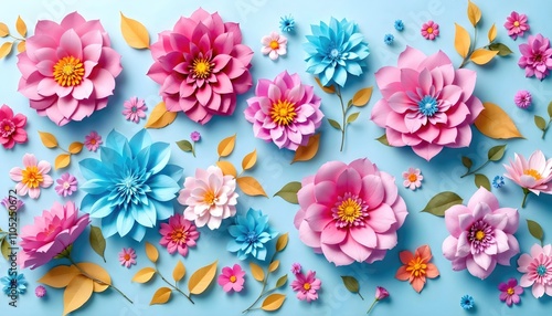 A blue background with a bunch of pink flowers