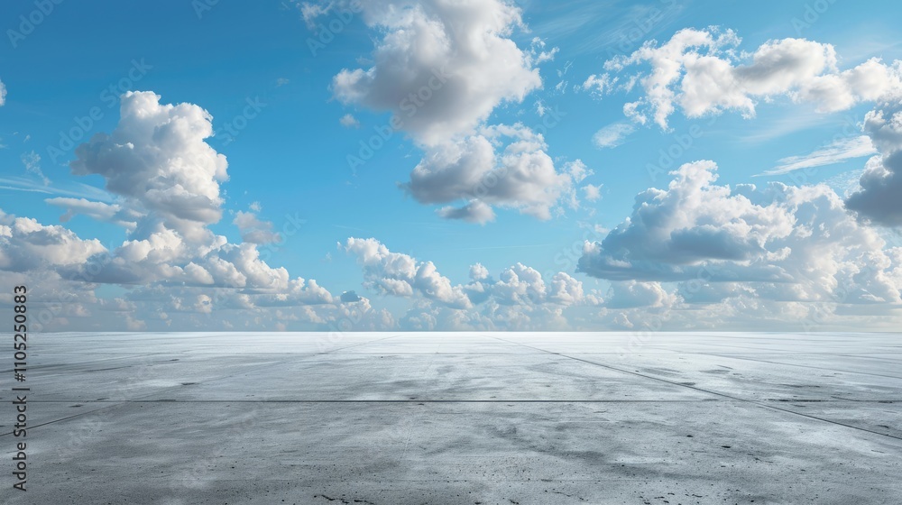 Sky with Blue Background, Clouds, Horizon, and Empty Concrete Floor Sky with Blue Background, Clouds, Horizon, and Empty Concrete Floor