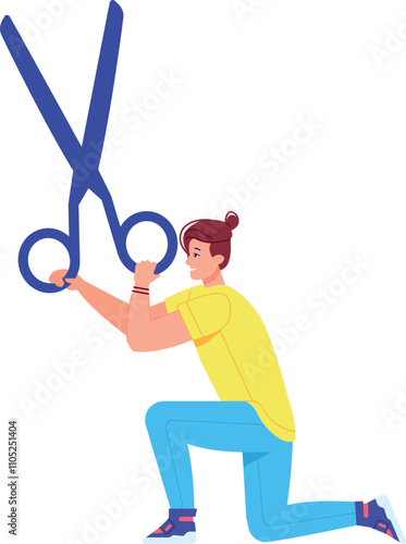 Woman with big scissors. Opening symbol. Event sign