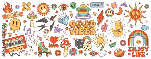 Groovy cartoon retro symbols in 70s hippie art, vector funky icons. 70s groovy cartoon rainbows and love hearts with peace sign and psychedelic melting smile emoji, mushroom amanita and hippie flowers