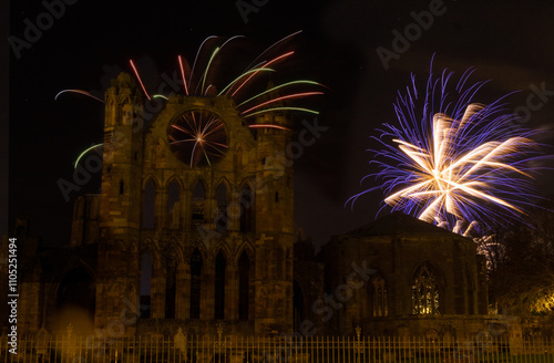 Fireworks exploding over Elgin cathedral, Morayshire photo