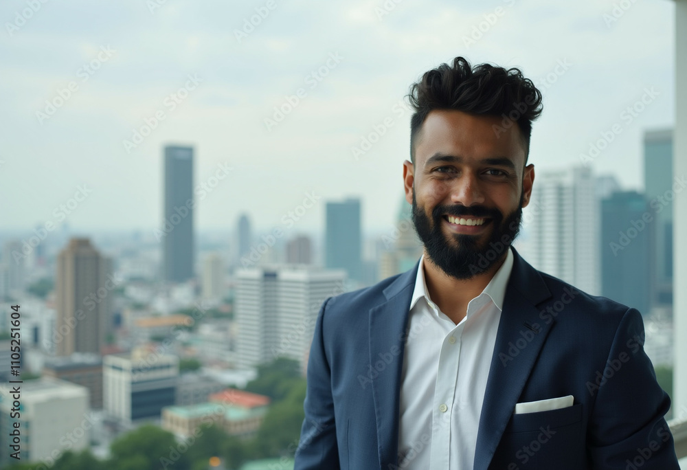 A smiling businessman in a suit stands before a cityscape  conveying success and confidence.