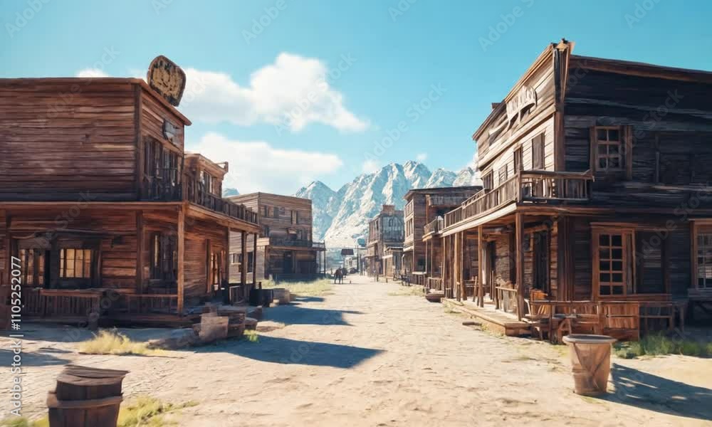 A deserted Wild West town with wooden buildings and mountains in the background. A deserted Wild West town with wooden buildings and mountains in the background.