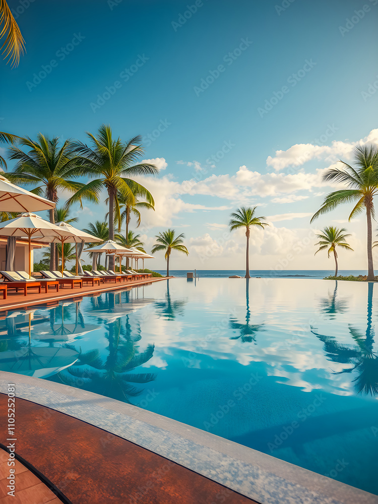 Relax tourism landscape. Luxury beach resort with swimming pool and beach chairs beds leisure lifestyle, umbrellas, palm trees blue sea sky reflection. Summer travel vacation background. Ai generated Relax tourism landscape. Luxury beach resort with swimming pool and beach chairs beds leisure lifestyle, umbrellas, palm trees blue sea sky reflection. Summer travel vacation background. Ai generated