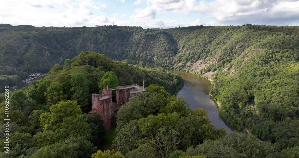 Aerial view on Montclair castle, hiustoric castle in the Saarland hills. Aerial view on Montclair castle, hiustoric castle in the Saarland hills.