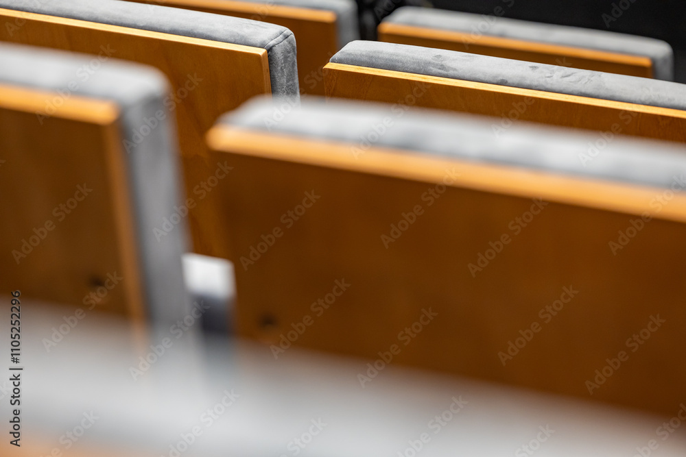 Rows of empty seats in a cinema hall - close-up with shallow depth of field. View of the back part made of light plywood.