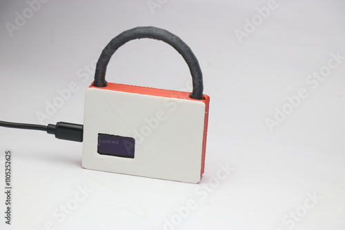 USB powered lock made with 3d printed parts and an OLED module showing status of the lock isolated on white background photo