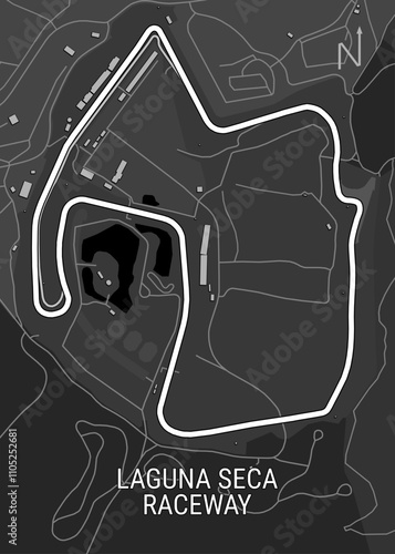 The image depicts a detailed map of the Laguna Seca Raceway, a renowned motorsports circuit located in Monterey County, California.