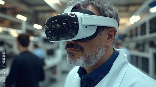 Engineer using VR headset in factory.