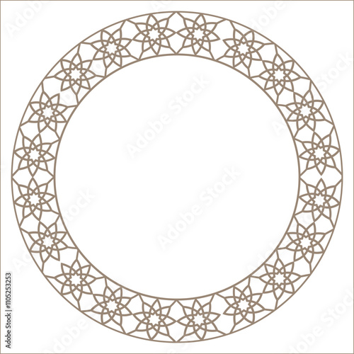 Round decorative frame, luxury frame, seamless arabic, andalusian, oriental, authentic arabian style. Gold andalusian, islamic and geometric style with seamless border. For your design, plate, ceramic