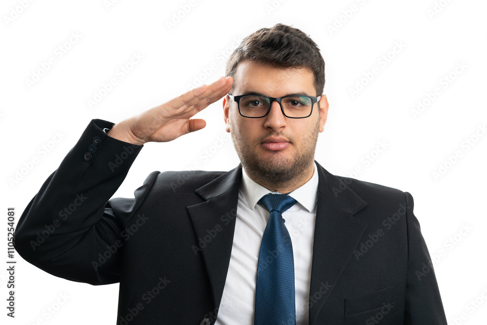 Adult businessman making military gesture serious expression Adult businessman making military gesture serious expression