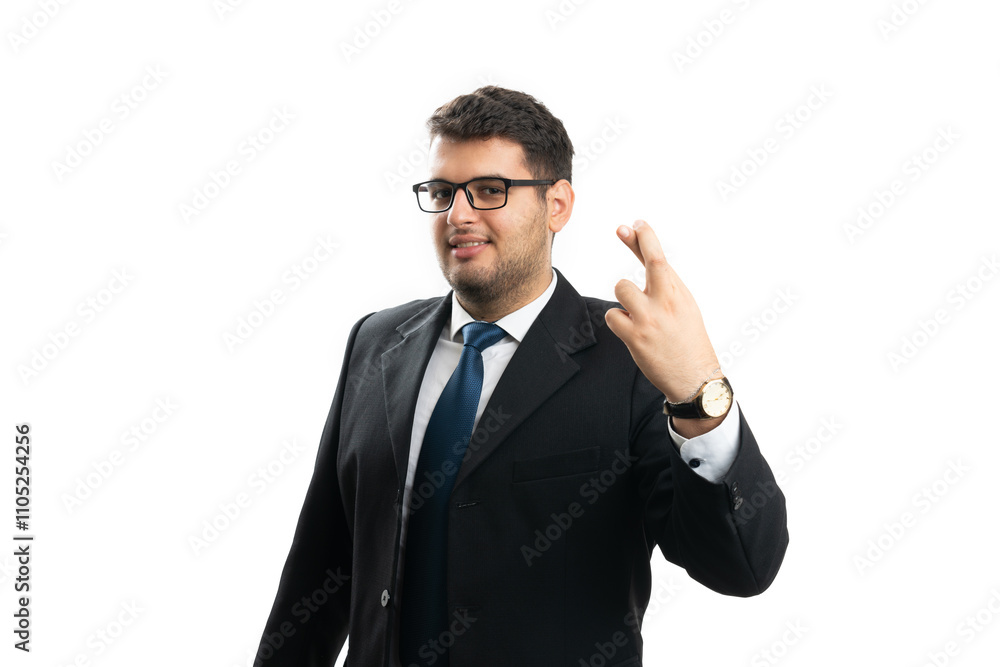 Friendly businessman holding fingers crossed as good luck gesture Friendly businessman holding fingers crossed as good luck gesture