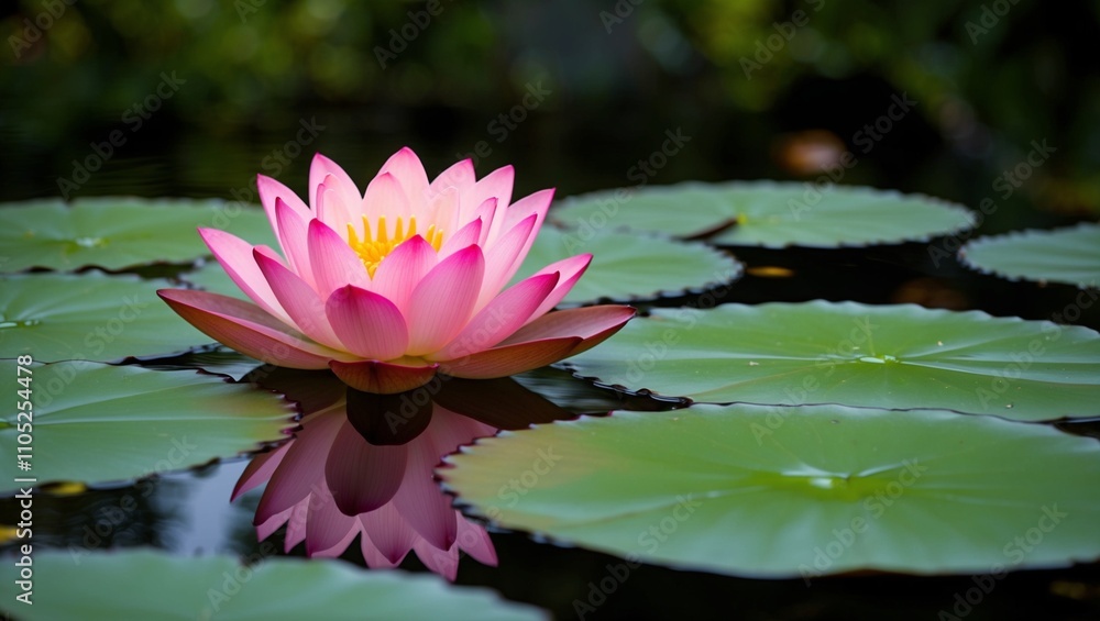 Pink water lily blooms beautifully in the pond, its pink petals contrasting with the green leaves, a stunning sight of nature's beauty Pink water lily blooms beautifully in the pond, its pink petals contrasting with the green leaves, a stunning sight of nature's beauty